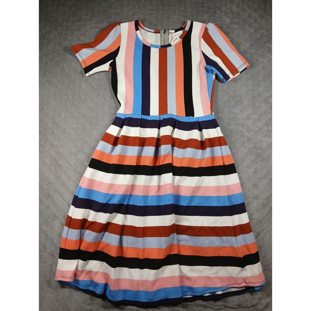 LuLaRoe Amelia Dress Womens Small Multi Color Striped Fit Flare Exposed Zipper
